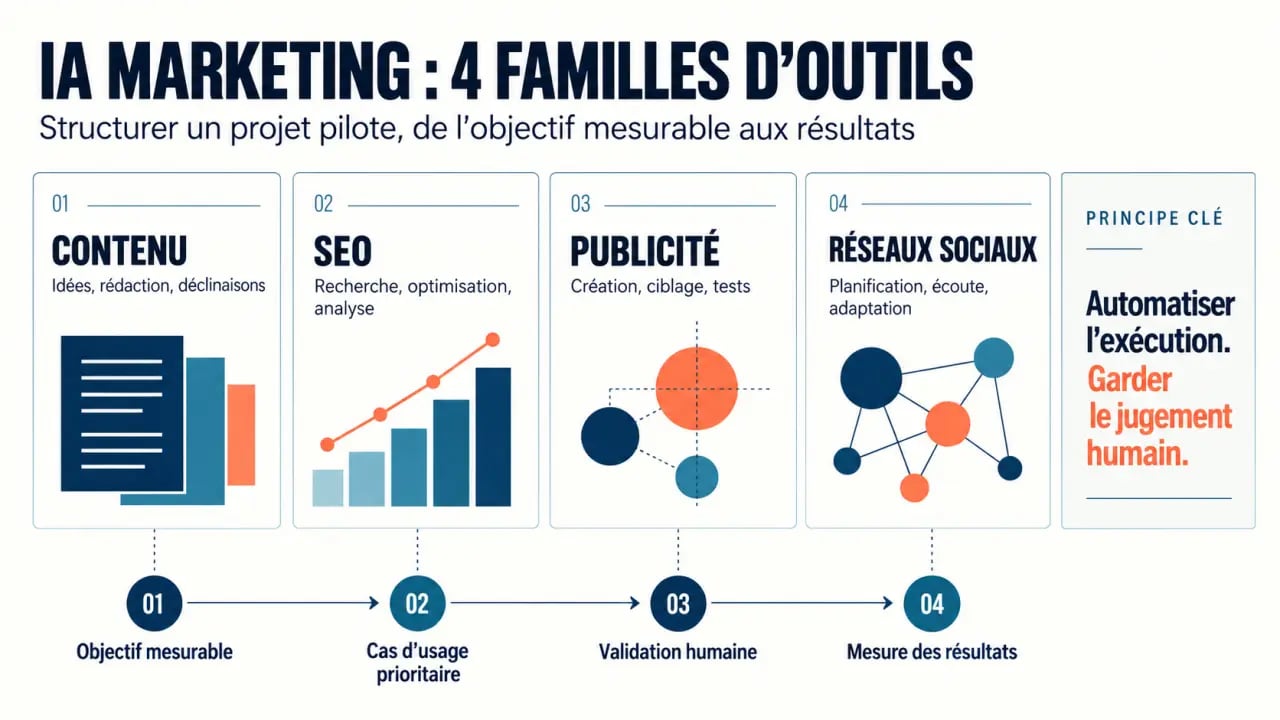 Infographie sur les outils d’IA marketing et leurs quatre familles d’usage