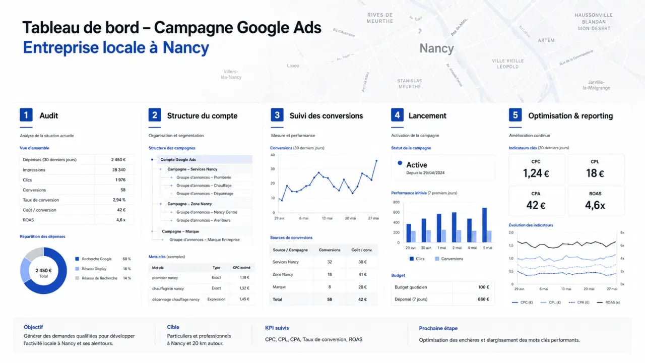 Campagne google ads nancy : schéma éditorial du processus audit, tracking, lancement et optimisation avec indicateurs CPC, CPL, CPA et ROAS