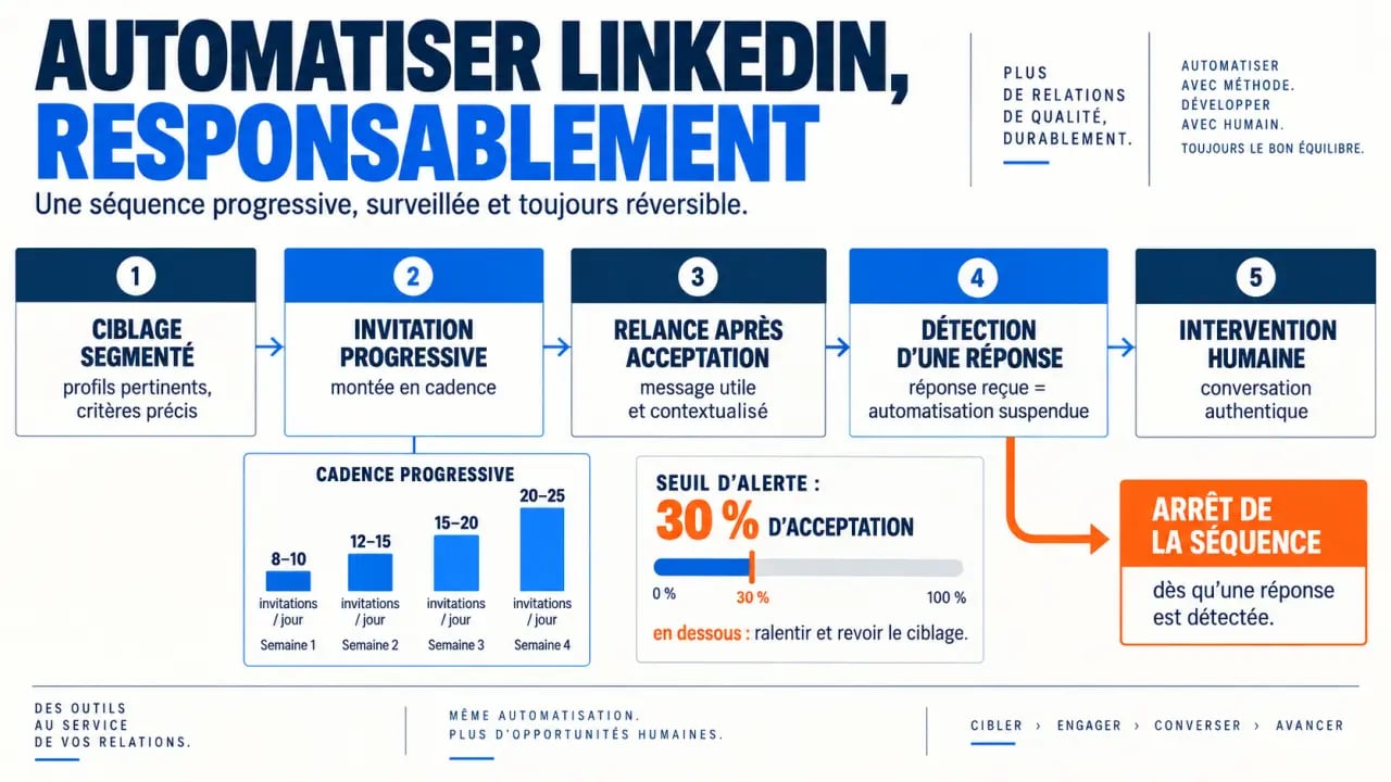 Infographie pour automatiser LinkedIn avec séquence de prospection, progression des invitations et intervention humaine