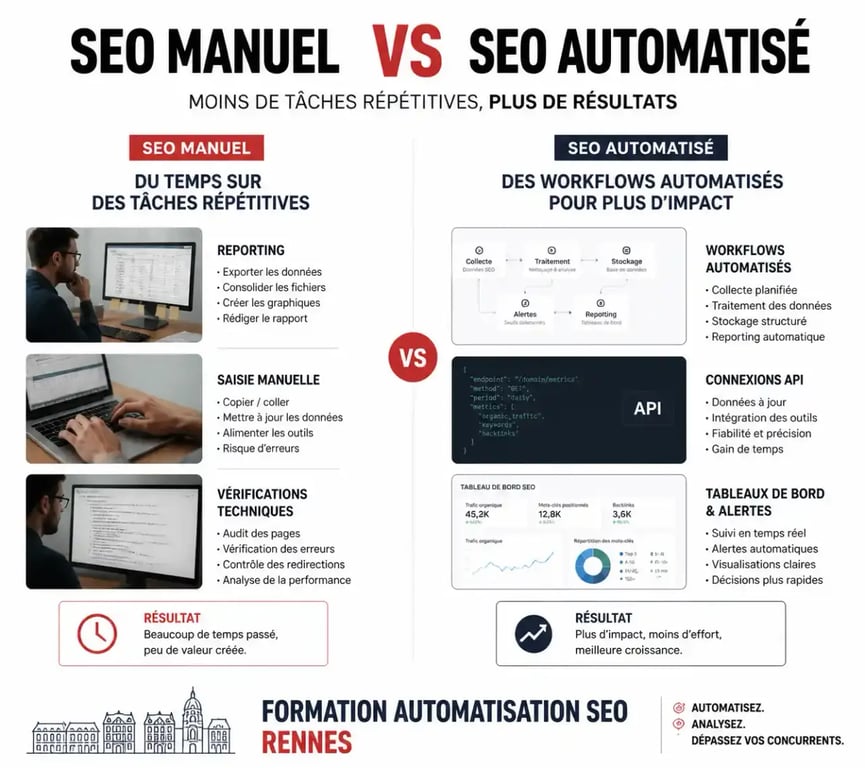 Formation automatisation SEO Rennes : comparaison visuelle entre tâches manuelles et processus automatisés en référencement