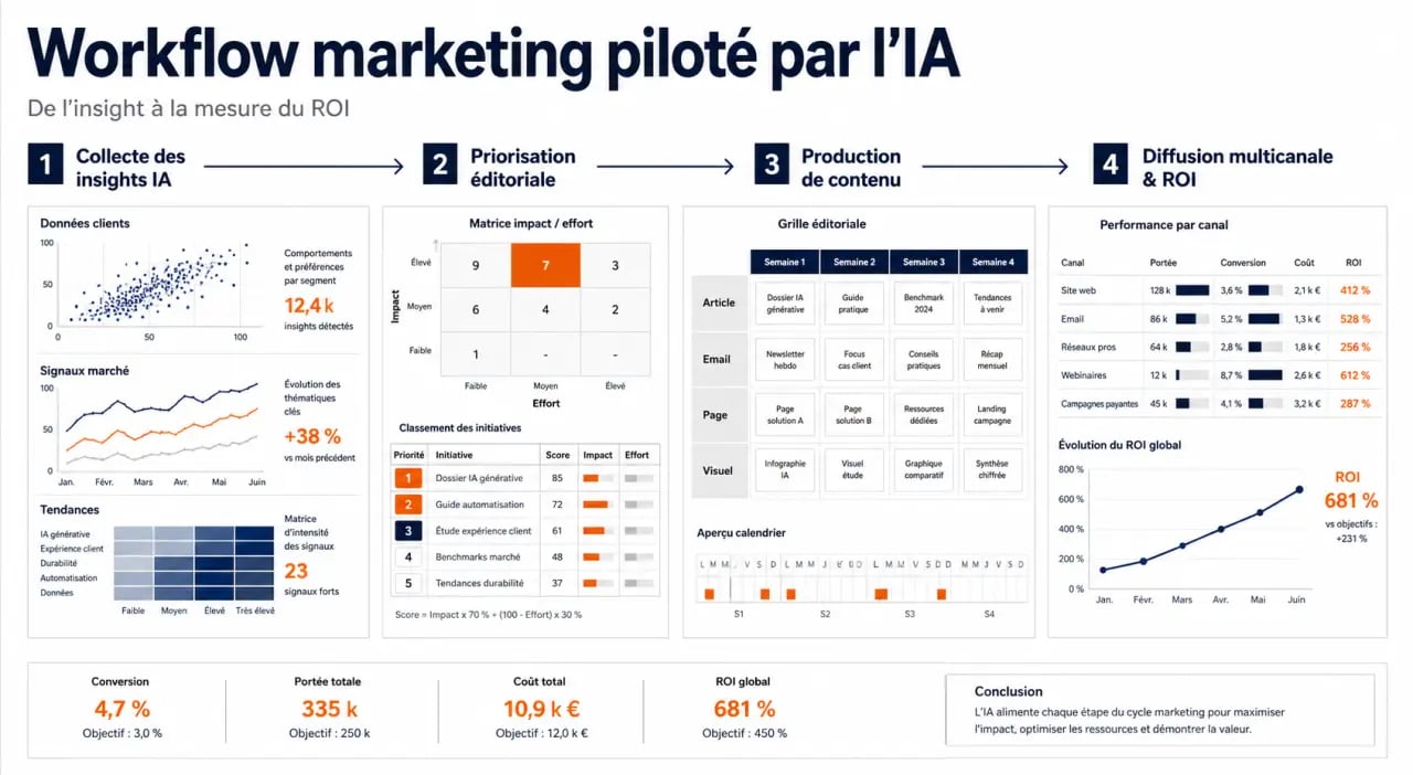 Illustration du mot-clé insights aeo création contenu workflows marketing montrant le flux insight -> contenu -> diffusion -> mesure