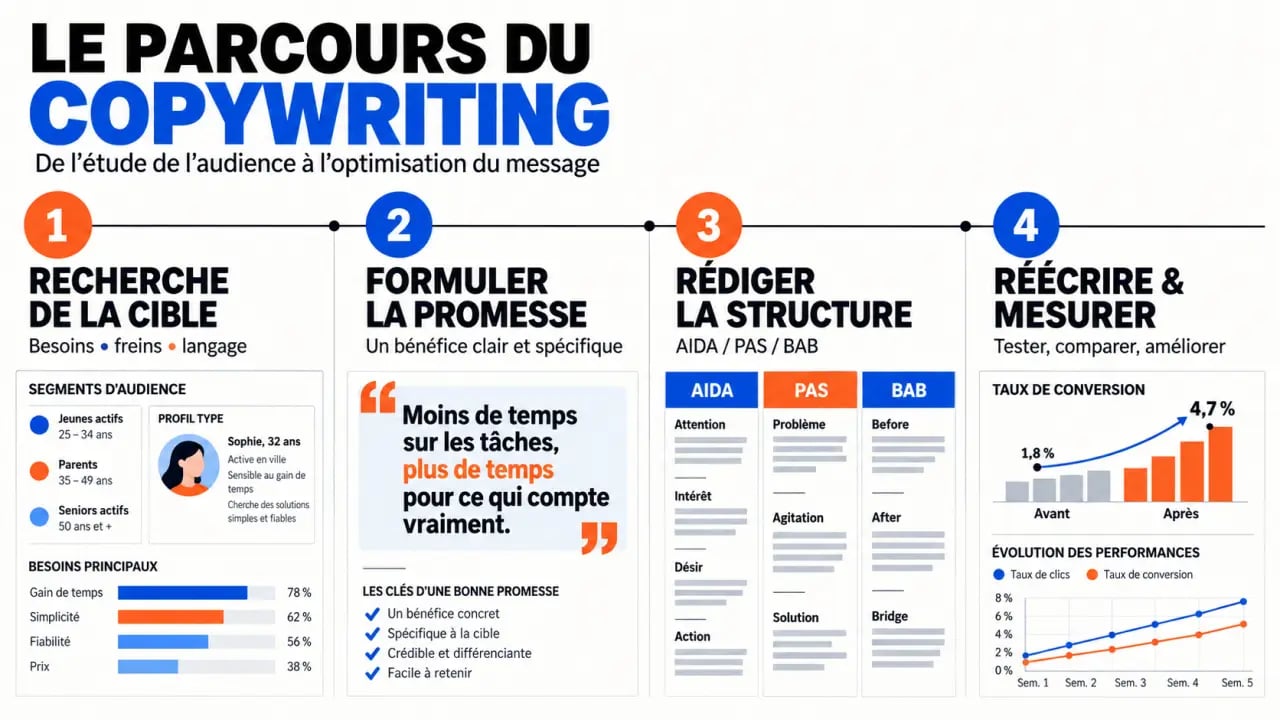 Parcours pour apprendre copywriting weloveformationmarketing : recherche, rédaction, réécriture et mesure