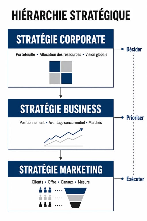 Corporate stratégie : schéma des niveaux corporate, business et marketing
