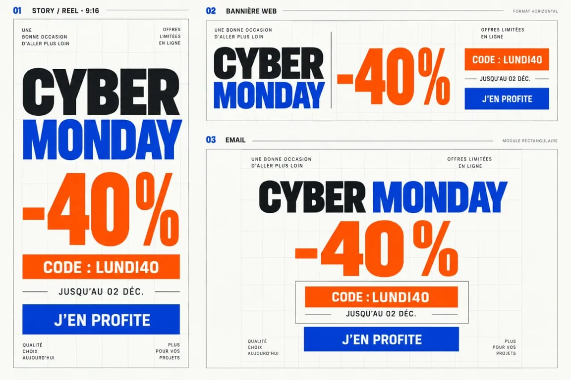 Créer publicité Cyber Monday déclinée pour les réseaux sociaux, l’email et une bannière web