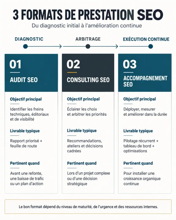 Accompagnement SEO : différence entre audit SEO, consulting SEO et accompagnement mensuel