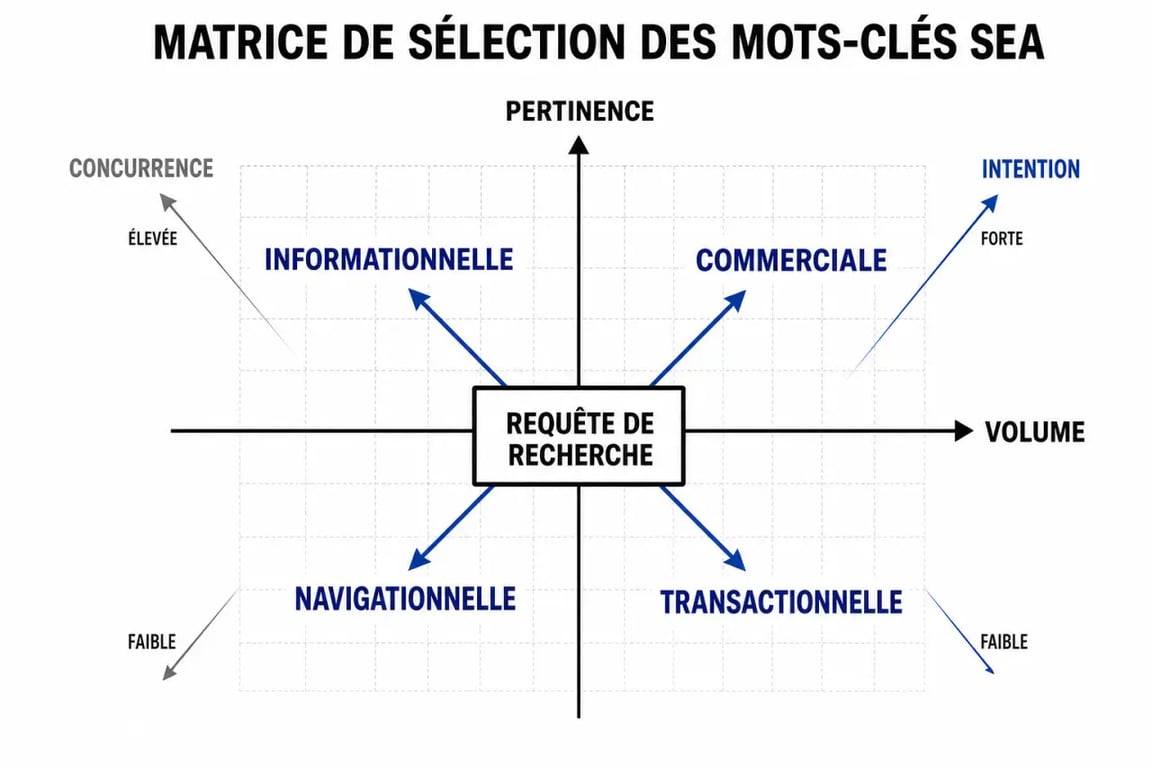 Mots clés sea : matrice éditoriale des critères pertinence, intention, volume et concurrence