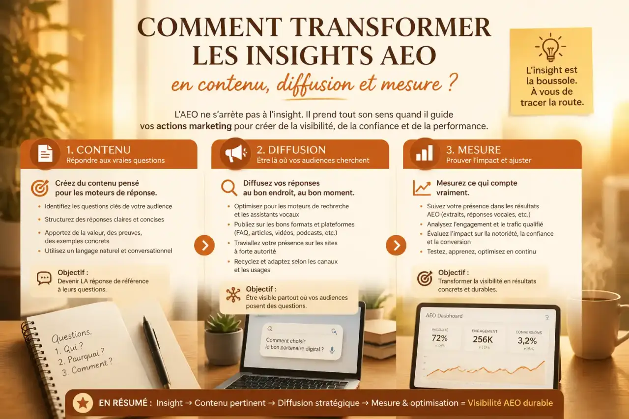 Comment transformer les insights AEO en contenu, diffusion et mesure ?