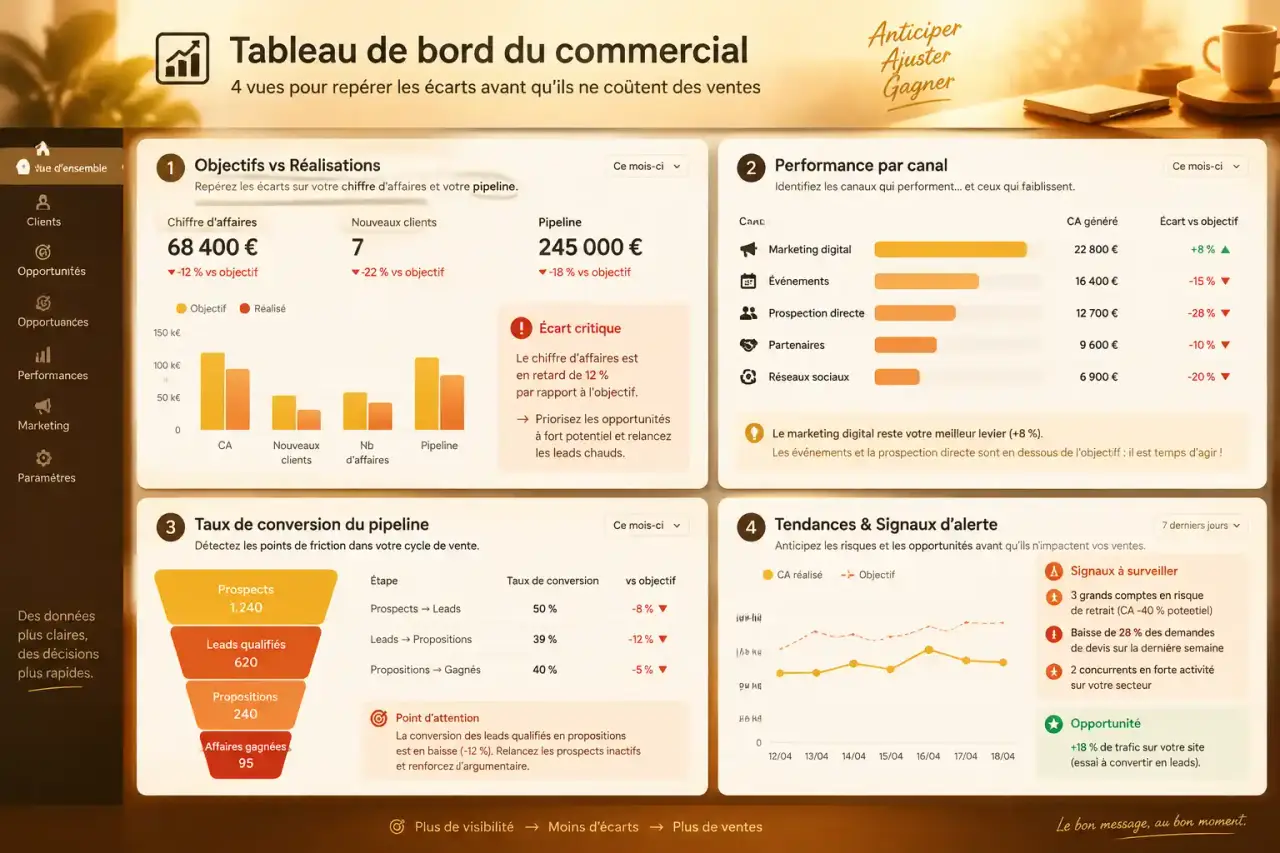 Tableau de bord du commercial : 4 vues pour repérer les écarts avant qu’ils ne coûtent des ventes