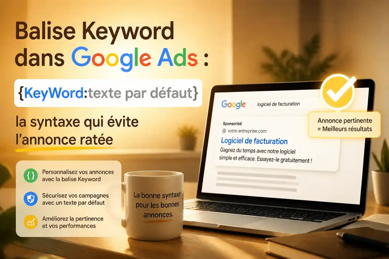 Balise Keyword dans Google Ads : {KeyWord:texte par défaut}, la syntaxe qui évite l'annonce ratée