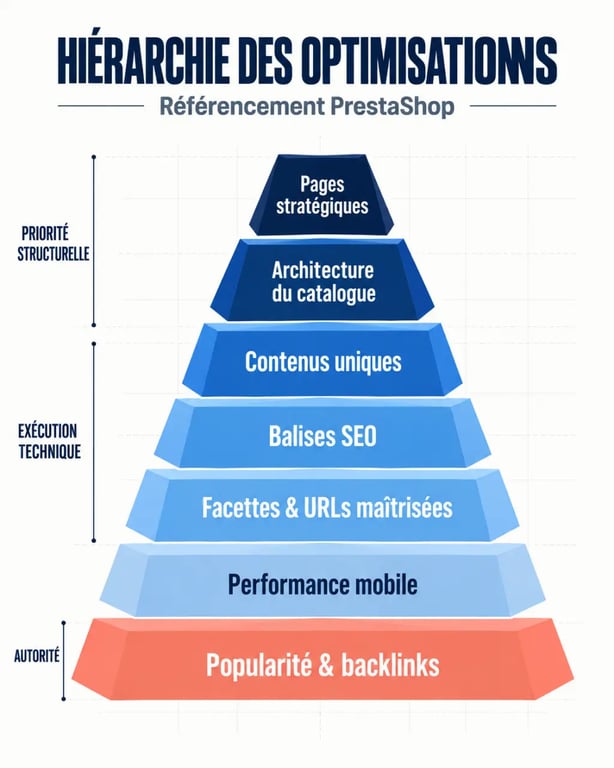 Infographie des priorités du référencement PrestaShop pour les pages, le contenu, la technique et la popularité