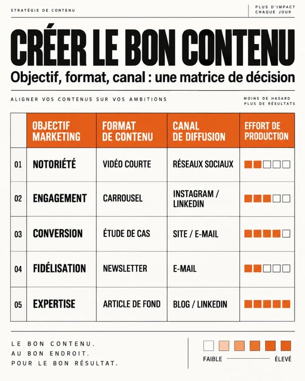 Création de contenu digital : correspondance entre objectifs, formats, canaux et effort de production