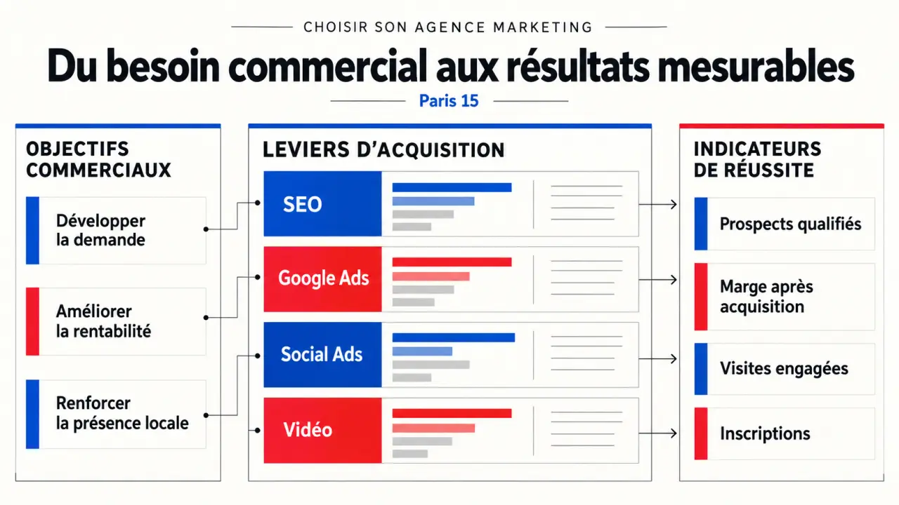 Agence marketing Paris 15 : visualisation des objectifs, leviers d'acquisition et indicateurs à comparer