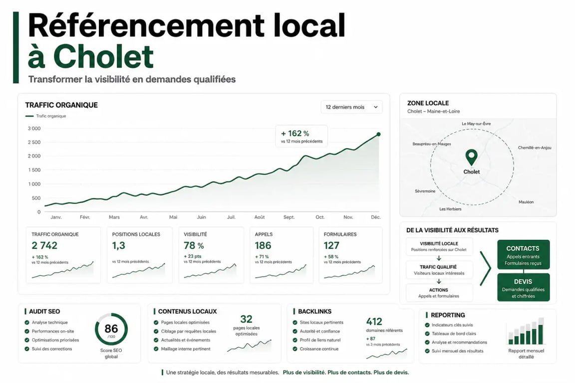 Illustration éditoriale pour expert seo cholet montrant un tableau de bord SEO local et les leviers d’acquisition
