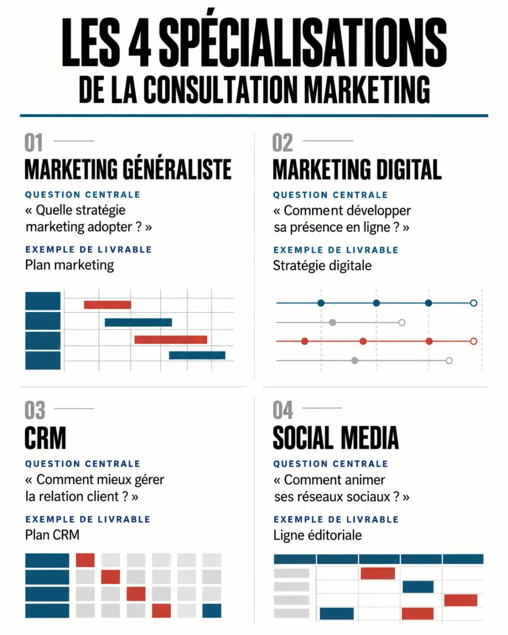 Infographie sur les spécialisations de la consultation marketing et leurs livrables