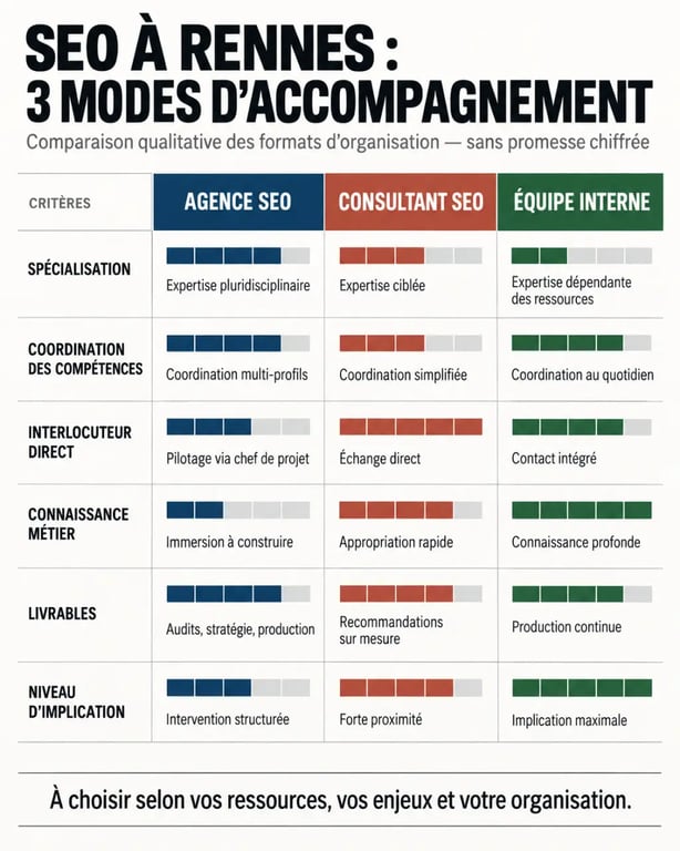 Infographie comparative sur le référencement naturel à Rennes entre agence SEO, consultant et équipe interne