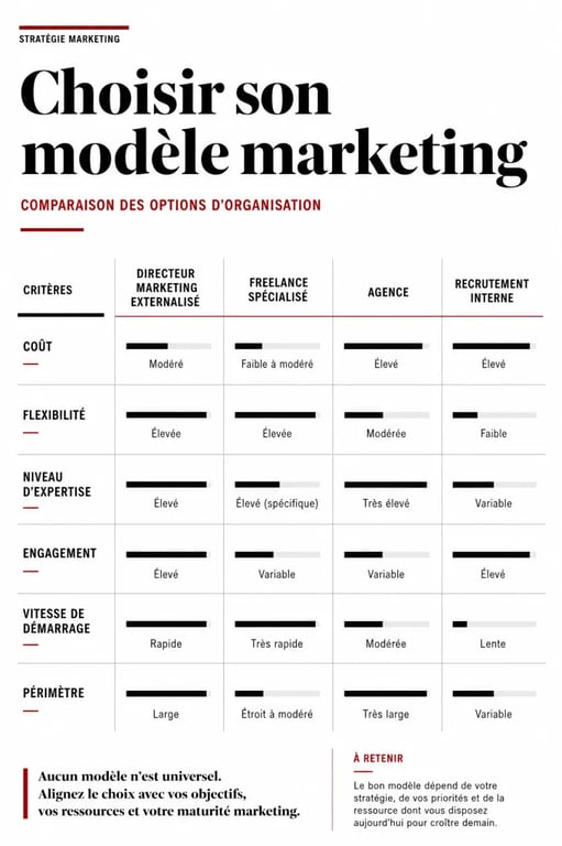 Directeur marketing externalisé : comparaison visuelle entre freelance, agence, CDI et temps partagé